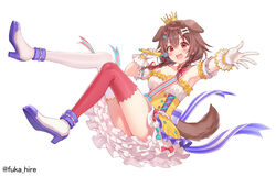  :d animal_ears ankle_cuffs asymmetrical_legwear braid brown_hair crown detached_sleeves dog_ears dog_girl dog_tail dress fangs female frilled_gloves frills fukahire_(ruinon) full_body gloves gold_trim hair_ornament heart heart_hair_ornament high_heels highres holding holding_microphone hololive inugami_korone inugami_korone_(saikyo_tensai_wonderful_world_of_korone) layered_dress legs looking_at_viewer medium_hair microphone mismatched_legwear official_alternate_costume official_art open_mouth purple_footwear red_eyes red_thighhighs ribbon ribbon_braid saikyo_tensai_wonderful_world_of_korone smile solo star_(symbol) star_hair_ornament strapless strapless_dress striped striped_ribbon tail thighhighs twin_braids virtual_youtuber white_gloves white_legwear yellow_dress 