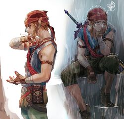  1boy alternate_costume bandana belt blonde_hair blood blue_eyes braid climbing_set_(zelda) fingerless_gloves gloves haban_(haban35) hair_ornament hairclip jewelry link long_hair male_focus outdoors pointy_ears rain sheikah_slate sitting sleeveless solo the_legend_of_zelda the_legend_of_zelda:_breath_of_the_wild weapon 