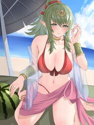  adjusting_hair anklet beach beach_umbrella bikini bracelet breasts female fire_emblem fire_emblem_awakening fire_emblem_heroes gold_choker green_eyes green_hair hair_ribbon high_ponytail highres jewelry large_breasts looking_at_viewer official_alternate_costume outdoors parted_lips peli_cantaro pink_scarf pointy_ears ponytail red_bikini red_ribbon ribbon scarf seiza sitting smile solo swimsuit teeth tiara tiki_(adult)_(fire_emblem) tiki_(adult)_(summer)_(fire_emblem) tiki_(fire_emblem) umbrella watermark 