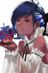  apple bare_shoulders blazpu breasts dark-skinned_female dark_skin detached_collar detached_sleeves dress fate/grand_order fate/prototype fate/prototype:_fragments_of_blue_and_silver fate_(series) female food fruit hair_ornament hassan_of_serenity_(fate) hassan_of_serenity_(lostroom_outfit)_(fate) highres holding holding_food holding_fruit medium_breasts official_alternate_costume parted_lips poison_(final_fight) poison_apple purple_eyes purple_hair short_hair solo white_dress 