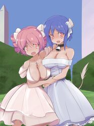  2girls absurdres archived_source arm_around_shoulder arm_grab bare_shoulders bell belt blue_dress blue_hair blue_sky blush breasts cleavage commentary cow_horns cow_tail cross cross_necklace day dress english_commentary hair_ribbon hedge highres horn_ornament horn_ribbon horns jashin-chan_dropkick jewelry large_breasts looking_at_viewer minos_(jashin-chan_dropkick) minos_drawfag multiple_girls neck_bell necklace obelisk oerba_yun_fang open_mouth outdoors pink_eyes pink_hair pino_(jashin-chan_dropkick) ribbon sky tail tearing_up tears white_dress white_ribbon yuri 