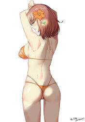  absurdres alternate_costume ass back bikini black_survival blush breasts brown_eyes brown_hair commission commissioner_name cowboy_shot earrings eternal_return:_black_survival female flower hair_flower hair_ornament highres jewelry looking_at_viewer looking_back medium_hair orange_bikini orange_flower parted_lips sideboob simple_background solo swimsuit thong_bikini tran_quynh_mai user_vcys8774 wet white_background 