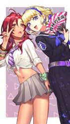  2girls alternate_costume belt blonde_hair blue_eyes colored_inner_hair constance_von_nuvelle crop_top earrings fire_emblem fire_emblem:_three_houses hairband hand_fan hapi_(fire_emblem) holding holding_fan jewelry long_sleeves midriff multicolored_hair multiple_girls nail_polish nakapipo open_mouth purple_hair red_eyes red_hair short_sleeves skirt two-tone_hair 