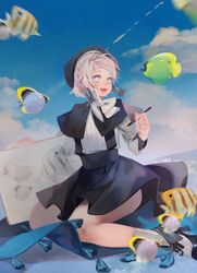  artist_painter black_dress canvas_(object) dress female frills grey_eyes hat highres holding holding_pen kami5427 open_mouth original pen photoshop_(medium) ribbon rug short_hair sitting sky socks solo tropical_fish wariza white_hair 