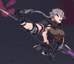  1boy arm_cutout armor braid chase_(king&#039;s_raid) clothing_cutout cropped_legs facial_mark fighting_stance from_side grey_hair harness holding holding_polearm holding_weapon king&#039;s_raid male_focus muscular muscular_male pectorals polearm ren_(rendrrr) side_cutout sidepec single_braid solo weapon 