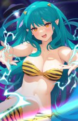  absurdres animal_print bikini breasts commentary cone_horns electricity electrokinesis fangs female green_hair highres horns large_breasts looking_at_viewer lum navel oni open_mouth orange_eyes outstretched_arms pointy_ears print_bikini print_footwear sidelocks solo strapless strapless_bikini swimsuit tiger_print urusei_yatsura yeije yellow_bikini 