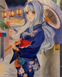  commentary_request female festival floral_print grey_hair hairband hikonyaaa idolmaster idolmaster_(classic) japanese_clothes kimono lantern long_hair obi oil-paper_umbrella open_mouth paper_lantern red_eyes sash shijou_takane smile solo umbrella water_balloon yukata 