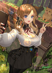  ahoge artist_name asymmetrical_bangs bag bare_shoulders black_bra blonde_hair blue_eyes blush bow bra breasts cellphone cleavage corrupted_metadata covered_nipples detached_collar dress earrings feline female furrowed_brow hairbow handbag highres itoucon jewelry large_breasts lips lipstick long_hair long_sleeves looking_at_viewer low_twintails makeup nail_polish neck_ribbon open_mouth original pantyhose phone ribbon selfie short_dress signature smartphone smile solo strapless strapless_dress string_bra twintails underwear v 