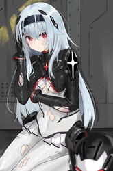  alternate_costume bandaid bandaid_on_face blue_hair blush bodysuit breasts closed_mouth cosplay cowboy_shot eyes_visible_through_hair female girls&#039;_frontline hairband hand_on_own_head helmet highres hk416_(girls&#039;_frontline) hk416_(girls&#039;_frontline)_(cosplay) hk416_(midnight_evangelion)_(girls&#039;_frontline) kneeling koenza_botoke light_blue_hair long_hair medium_breasts official_alternate_costume open_mouth plugsuit red_eyes sidelocks solo thunder_(girls&#039;_frontline) torn_bodysuit torn_clothes underboob very_long_hair 