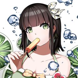  black_hair bow breasts cleavage daqiao eating female food fruit green_eyes hairbow highres holding holding_food legend_of_the_three_kingdoms lime_(fruit) lime_slice looking_at_viewer medium_hair phyntaxias popsicle solo upper_body water_drop white_bow 