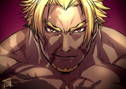  1boy bara beowulf_(fate) blonde_hair close-up facial_hair fate/grand_order fate_(series) goatee large_pectorals male_focus muscular muscular_male pectorals red_eyes ryuuki_garyuu scar solo topless_male upper_body 