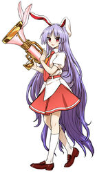  :3 animal_ears brown_footwear commentary_request eyes_visible_through_hair female full_body highres itou_yuuji kneehighs long_hair looking_at_viewer lunatic_gun necktie parted_lips puffy_short_sleeves puffy_sleeves purple_hair rabbit_ears rabbit_girl rabbit_tail red_eyes red_necktie red_skirt reisen_udongein_inaba shirt shoes short_sleeves simple_background skirt smile socks solo standing tail touhou very_long_hair white_background white_shirt white_socks wing_collar 