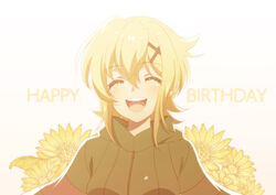  akatsuki_kirika blonde_hair blush breasts facing_viewer female flower green_jacket happy_birthday highres jacket medium_breasts open_mouth senki_zesshou_symphogear short_hair smile solo sunflower teeth tomaty. upper_body 