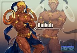  1boy abs alternate_design bara beard blonde_hair cowboy_shot crossed_arms dark-skinned_male dark_skin facial_hair from_side goatee gyee large_pectorals long_sideburns lvlv male_focus mature_male multiple_views muscular muscular_male navel nipples paradiso_guardian pectorals pointy_ears raikoh_(paradiso_guardian) short_hair sideburns simple_background thick_eyebrows thick_thighs thighs topless_male yellow_eyes 