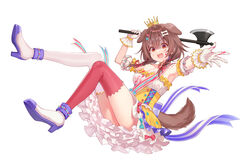  :d animal_ears ankle_cuffs asymmetrical_legwear axe blood blood_on_clothes blood_on_face blood_on_hands braid brown_hair crown detached_sleeves dog_ears dog_girl dog_tail dress empty_eyes extra_ears fangs female frilled_gloves frills fukahire_(ruinon) full_body gloves gold_trim hair_ornament heart heart_hair_ornament high_heels highres holding holding_axe hololive inugami_korone inugami_korone_(saikyo_tensai_wonderful_world_of_korone) layered_dress legs looking_at_viewer medium_hair mismatched_legwear official_alternate_costume official_art open_mouth purple_footwear red_eyes red_thighhighs ribbon ribbon_braid saikyo_tensai_wonderful_world_of_korone shaded_face smile solo star_(symbol) star_hair_ornament strapless strapless_dress striped striped_ribbon tail thighhighs twin_braids virtual_youtuber white_gloves white_legwear yandere 