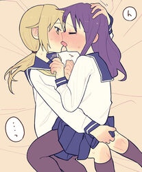  2girls bad_id bad_pixiv_id black_socks blonde_hair blue_hair blue_skirt blush closed_eyes commentary_request french_kiss hand_on_another&#039;s_head highres hinata_yukari hug ichii_yui kissing looking_at_another lying multiple_girls on_side pantyhose school_uniform serafuku shirt skirt socks tennosuke_(tejons) tongue tongue_out twintails white_shirt yellow_eyes yuri yuyushiki yuyushiki&#039;s_school_uniform 