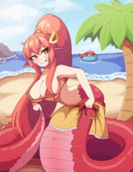  2girls alternate_hairstyle beach bikini breasts cherry_(snekfag) closed_mouth forked_tongue hair_between_eyes hair_ornament hairclip highres innertube jewelry lamia large_breasts miia_(monster_musume) monster_girl monster_musume_no_iru_nichijou multiple_girls ocean orange_eyes original outdoors palm_tree pointy_ears ponytail red_bikini red_hair ring scales smile solo_focus swim_ring swimsuit tongue tongue_out tree vadaboob wedding_ring 