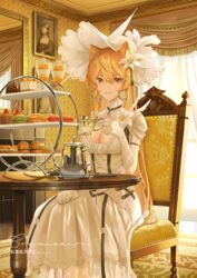  animal_ears armlet blonde_hair borrowed_character breasts burger cake canele cat_ears choker cleavage cleavage_cutout clothing_cutout commentary_request commission cowboy_shot cross cross_choker cup curtains drawing_(object) dress dress_flower earrings elbow_gloves female flower food gloves gown hair_between_eyes hand_on_own_leg hat hat_feather hat_flower highres holding holding_cup hoop_earrings indoors jewelry large_breasts long_dress long_hair looking_at_viewer macaron makkuro mixed-language_commentary on_chair original parfait picture_frame picture_hat quiche rug sandwich short_sleeves sitting smile solo sun_hat table teacup teapot tiered_tray wallpaper_(object) white_dress white_gloves window wooden_floor yellow_eyes 