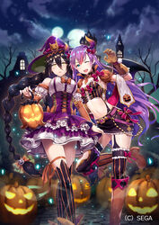  2girls bare_shoulders bare_tree black_hair black_legwear black_skirt blue_eyes blush boots bow braid breasts commentary_request crop_top detached_sleeves dress fantasy gabiran gloves hair_between_eyes halloween hat highres holding holding_lantern horns idola_phantasy_star_saga jack-o&#039;-lantern lantern large_breasts lise_(idola) long_braid long_hair looking_at_viewer midriff moon multiple_girls navel night oerba_yun_fang official_art one_eye_closed open_mouth orange_bow outdoors phantasy_star phantasy_star_online_2 photoshop_(medium) pumpkin purple_dress purple_hair purple_headwear single_braid skin_fang skirt small_breasts standing standing_on_one_leg striped_clothes striped_thighhighs thighhighs tree vertical-striped_clothes vertical-striped_thighhighs very_long_hair wings witch_hat wyndis_(idola) yellow_eyes zettai_ryouiki 