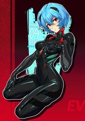  ayanami_rei banned_artist black_bodysuit blue_hair bodysuit breasts commentary evangelion:_3.0+1.0_thrice_upon_a_time eyebrows_visible_through_hair female full_body hair_between_eyes highres looking_at_viewer medium_breasts neon_genesis_evangelion plugsuit rebuild_of_evangelion red_eyes reiq short_hair solo 