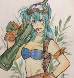  artist_name assault_rifle bikini bikini_top_only blue_bikini blue_eyes blue_hair bodypaint breasts brown_gloves bulma_briefs cigar cleavage dragon_ball fern gloves goggles goggles_on_head gun hand_on_own_hip knife long_hair medium_breasts peach_momoko plant rifle sheath sheathed signature swimsuit traditional_media weapon white_background 