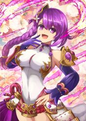  bare_shoulders braid breasts dashinoya detached_sleeves female floral_background gloves hair_ornament kamimusubi_(p&amp;d) large_breasts leotard long_braid long_hair looking_at_viewer magatama open_mouth purple_eyes purple_gloves purple_hair puzzle_&amp;_dragons single_glove smile solo white_leotard 