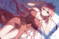  absurdres ahoge alternate_costume arms_up bed_sheet bow breasts cleavage curled_fingers dress female green_eyes highres hololive indoors large_breasts long_hair looking_at_viewer lying mira_bluesky3 on_back on_bed pajamas pink_hair red_bow red_dress sakura_miko solo very_long_hair virtual_youtuber wavy_mouth window_shadow 