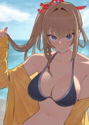  aoyuzuaoyuzu bikini blue_eyes blush braid breasts brown_hair cleavage collarbone female highres holding holding_own_hair jacket jacket_partially_removed looking_at_viewer masamune_(monster_strike) medium_breasts monster_strike navel ponytail side_braid solo swimsuit 