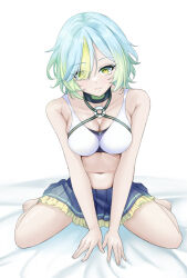  13seisei aqua_hair black_choker breasts choker cleavage crop_top female gradient_hair green_eyes green_hair highres monster_strike morse_alpha_(monster_strike) multicolored_hair navel on_bed pleated_skirt sitting skirt solo wariza 