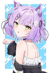  animal_ear_fluff animal_ears bare_shoulders black_choker black_ribbon black_sleeves blue_background blue_hair blush border choker commentary_request detached_sleeves dress egasumi female ghost_hair_ornament hair_ornament hair_ribbon hairclip hand_up highres long_sleeves looking_at_viewer looking_to_the_side multicolored_hair parted_lips paw_pose paw_print paw_print_background puffy_long_sleeves puffy_sleeves purple_hair ribbon shinomiya_runa sleeveless sleeveless_dress solo synn032 two-tone_hair two_side_up upper_body virtual_youtuber vspo! white_border white_dress x_hair_ornament yellow_eyes 