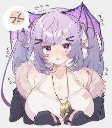  arknights arouni22 blush breasts dog_tags female fur_trim head_wings large_breasts long_hair manticore_(arknights) pointy_ears purple_eyes purple_hair spoken_emoji twintails wings 