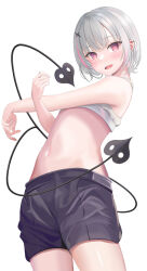  774norango absurdres asumi_sena bare_shoulders black_shorts blush cross_hair_ornament demon_tail ear_chain ear_piercing female grey_hair grey_sports_bra hair_ornament highres looking_at_viewer midriff multicolored_hair multiple_tails navel open_mouth piercing pink_eyes pink_hair short_hair short_shorts shorts simple_background smile solo sports_bra stomach streaked_hair stretching tail two_tails virtual_youtuber vspo! white_background 