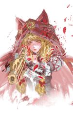  absurdres aiming aiming_at_viewer animal_ear_hood animal_ears blonde_hair blood blood_on_face blood_on_weapon bow bracer braid brown_corset chinese_commentary cloak closed_mouth commentary_request corset cropped_torso determined dress fake_animal_ears female freckles frilled_sleeves frills gun hair_over_shoulder hairbow highres holding holding_gun holding_weapon hood hood_up hooded_cloak infinity_nikki juliet_sleeves light_blush light_smile lipstick long_hair long_sleeves makeup musket nikki_(series) orange_eyes petals puffy_sleeves red_bow red_cloak red_lips rose_petals san_wu_mao_liang scar scar_on_face she_is_wildfire_(infinity_nikki) simple_background sleeves_past_wrists solo twin_braids very_long_hair weapon white_background white_dress wolf_ears 