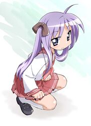  blush female hiiragi_kagami hiro_hiroki long_hair lucky_star photoshop_(medium) purple_eyes purple_hair ryouou_school_uniform school_uniform serafuku smile socks solo squatting twintails 