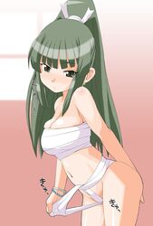  bad_id bandages blush breasts cleavage earrings female fundoshi green_eyes green_hair japanese_clothes jewelry large_breasts long_hair ponytail sarashi seto_no_hanayome shiranui_akeno solo translation_request watarabe_keiichi 