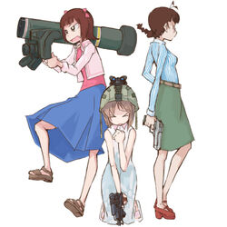  &gt;_&lt; 3girls akizuki_ritsuko amami_haruka blue_shirt blue_skirt brown_footwear brown_hair call_of_duty call_of_duty_4 chin_strap collared_dress combat_helmet commentary_request desert_eagle dress facing_viewer fgm-148_javelin from_side full_body glasses green_headwear green_skirt gun hagiwara_yukiho handgun helmet holding holding_gun holding_rocket_launcher holding_weapon idolmaster idolmaster_(classic) idolmaster_1 jacket kneeling long_sleeves looking_ahead multiple_girls night_vision_device office_lady open_clothes open_jacket open_mouth optical_sight over_shoulder pink_jacket pink_shirt red_footwear rocket_launcher sandals shirt simple_background skirt skorpion_vz._61 sleeveless sleeveless_dress standing striped_clothes striped_shirt submachine_gun tugeneko undone_chin_strap vertical-striped_clothes vertical-striped_shirt weapon weapon_over_shoulder white_background white_dress white_footwear white_shirt 