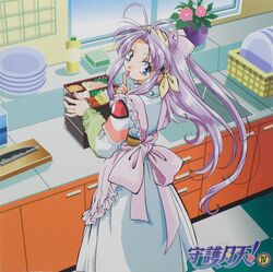  apron artist_request bento blue_eyes female food highres kitchen long_hair mamotte_shugogetten! purple_hair shugogetten_shaolin solo 