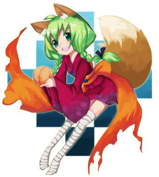  animal_ears bandages braid female fox_ears fox_tail green_eyes green_hair karasuya_yuma original saitou_kon solo tail twin_braids 