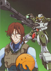  1boy absurdres artist_request gun gundam gundam_00 gundam_dynames haro highres lockon_stratos male_focus mecha official_art photoshop_(medium) rifle robot scan sniper_rifle solo weapon 