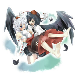  2girls animal_ears bad_link barefoot black_hair black_wings blue_eyes brown_eyes carrying detached_sleeves feathers feet flying injury inubashiri_momiji kiji_(manekinuko-tei) long_skirt multiple_girls one_eye_closed princess_carry shameimaru_aya skirt touhou white_hair wide_sleeves wings wolf_ears 