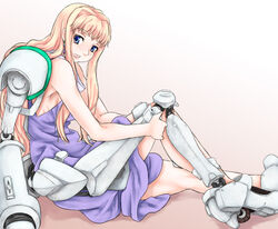  armor bad_id bad_pixiv_id blonde_hair blue_eyes commentary_request dress dressing ex-gear exoskeleton female long_hair macross macross_frontier mecha robot scharfschutze science_fiction sheryl_nome sitting solo 