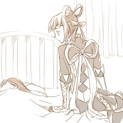  2girls bad_link bed brown_theme gensou_suikoden gensou_suikoden_v gloves lowres lymsleia_falenas miakis_(suikoden) monochrome multiple_girls puramairain ribbon sketch sleeping 