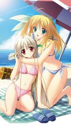  2girls barefoot beach beach_umbrella bikini blanket blonde_hair day earphones flat_chest green_eyes hug kousaka_himeko like_life long_hair lowres matsushita_makako miyasato_yumi multiple_girls outdoors polka_dot polka_dot_bikini polka_dot_swimsuit rakko_(makarakko) red_eyes sandals side-tie_bikini_bottom swimsuit treasure_chest umbrella water white_hair 