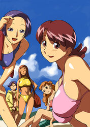  5girls ^_^ asuka_minori bag beach bent_over bikini breasts chair cirima closed_eyes cloud day fujiwara_reiko harukaze_haruka head_tilt jacket large_breasts long_hair lounge_chair mature_female multiple_girls ojamajo_doremi okamura_atsuko orange_eyes orange_hair outdoors purple_eyes purple_hair red_eyes red_hair segawa_miho short_hair sideboob sitting sky smile sports_bikini sweat swimsuit tan towel wet 