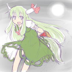  arms_behind_back bad_id bow covered_navel dress ex-keine female green_dress green_hair horn_bow horn_ornament horn_ribbon horns kamishirasawa_keine long_hair moon morino_harifu open_mouth red_bow red_eyes ribbon sketch smile solo touhou 