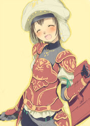  :d ^_^ arm_guards armor bad_id bad_pixiv_id black_gloves blush brown_hair clenched_hand closed_eyes commentary_request cowboy_shot faulds female final_fantasy final_fantasy_xi flat_chest gloves happy hat hima mihli_aliapoh mithra_(ff11) oerba_yun_fang open_mouth outline red_armor shield short_hair shoulder_armor simple_background smile solo standing turban turtleneck white_hat yellow_background yellow_outline 