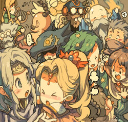  &gt;_&lt; 3girls 6+boys bad_id bad_pixiv_id blush cecil_harvey chibi chocobo cid_pollendina closed_eyes edward_geraldine everyone final_fantasy final_fantasy_iv fusoya hug kain_highwind lowres multiple_boys multiple_girls nessie_(kska) palom porom rosa_farrell rydia_(ff4) tellah yang_fang_leiden 