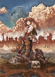  armor bad_id bad_pixiv_id bag blue_eyes boots bracer brown_hair city cityscape cloud fantasy female isakawa_megumi moon original scenery solo sword twintails weapon 