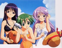  3girls android artist_request bikini day green_eyes green_hair hat himekawa_kotone kurusugawa_serika long_hair multi_(to_heart) multiple_girls one-piece_swimsuit purple_eyes purple_hair robot_ears short_hair striped_clothes striped_one-piece_swimsuit swimsuit to_heart to_heart_(series) vertical-striped_clothes vertical-striped_one-piece_swimsuit 