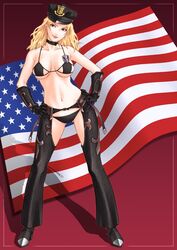  american_flag aqua_eyes ass_visible_through_thighs bad_id bad_pixiv_id badge bikini black_bikini black_gloves blonde_hair boots breasts chaps collar dixie_clemets female flag gloves hands_on_own_hips hat head_tilt high_heels highres large_breasts lipstick long_hair lowleg lowleg_bikini makeup micro_bikini narrow_waist peaked_cap police rumble_roses sgt._clemets shadow shoes shoumaru_(gadget_box) smile solo standing swimsuit underboob united_states 